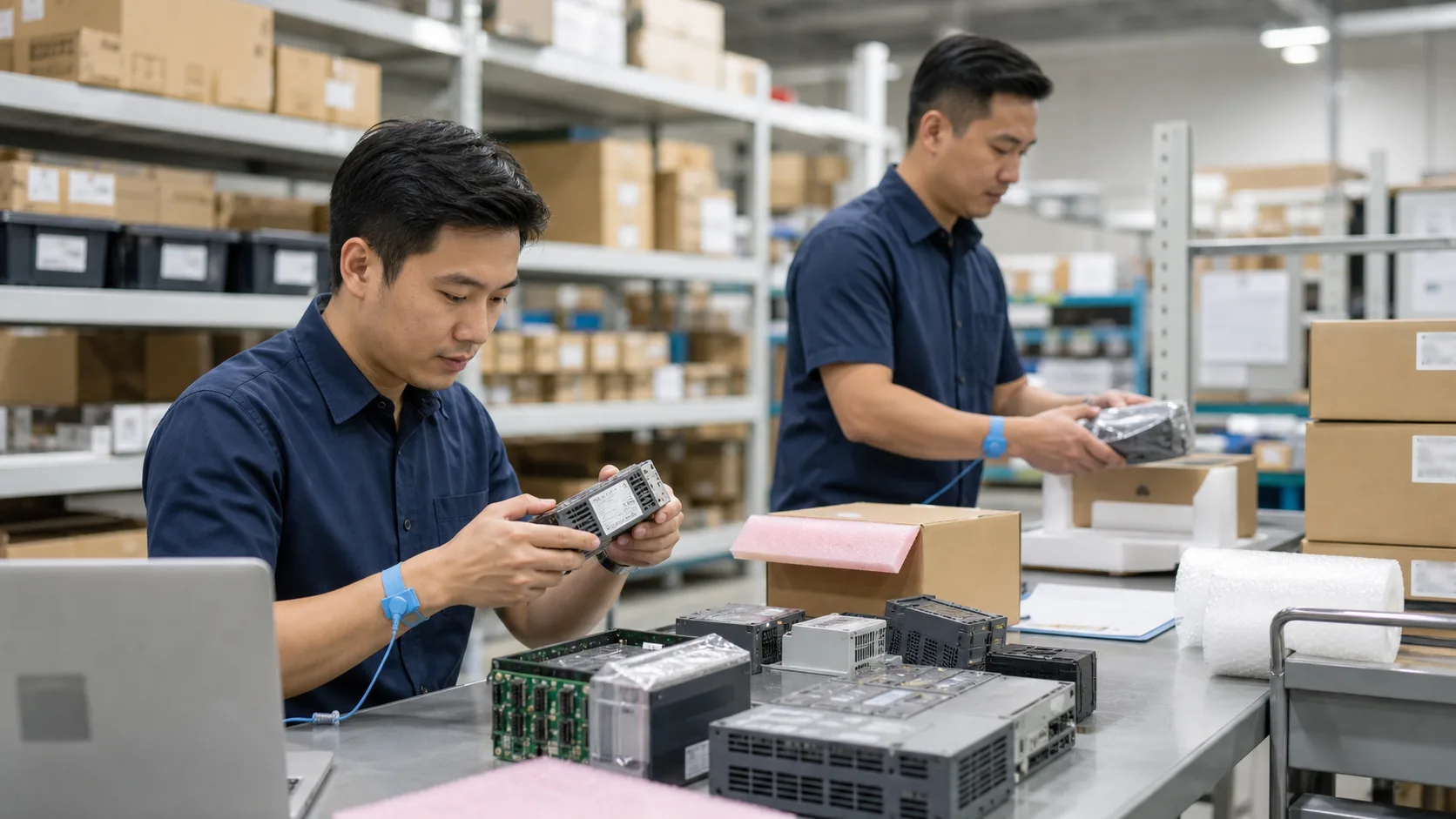 Industrial automation modules checked and packed for export