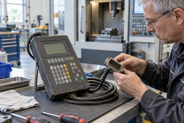 Indramat BTV06.1 operator panel cable and connector inspection on a bright machine-tool service bench 2026