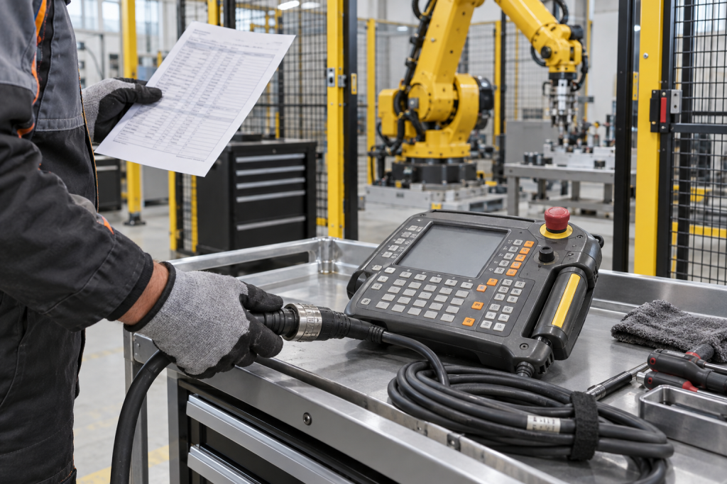 KUKA KCP2 robot teach pendant connector and cable inspection in a bright service bay 2026