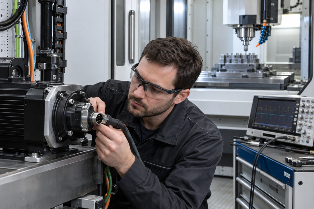 Servo motor encoder feedback connector inspection in a bright machine tool cell 2026