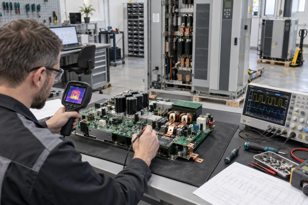 Danfoss FC drive power board checked on an ESD repair bench 2026