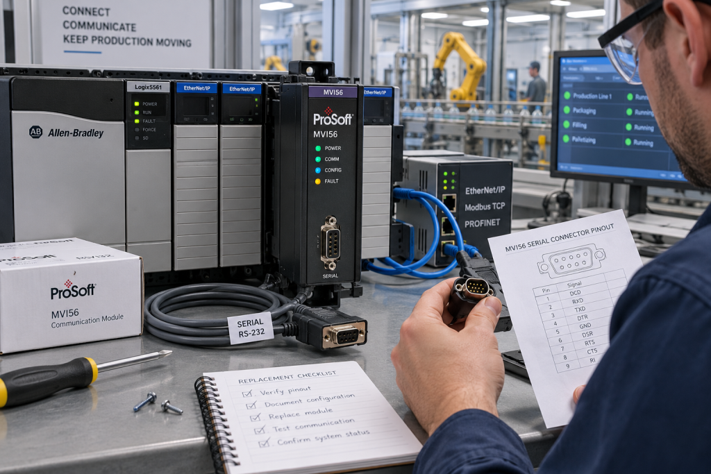 ProSoft MVI56 communication module and serial connector evidence on a bright PLC maintenance bench 2026